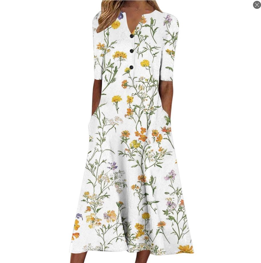 Floral Print V-Neck Mid-Sleeve Casual Dress with Pockets, Button Front, Loose Fit - White/Light Blue/Pink
