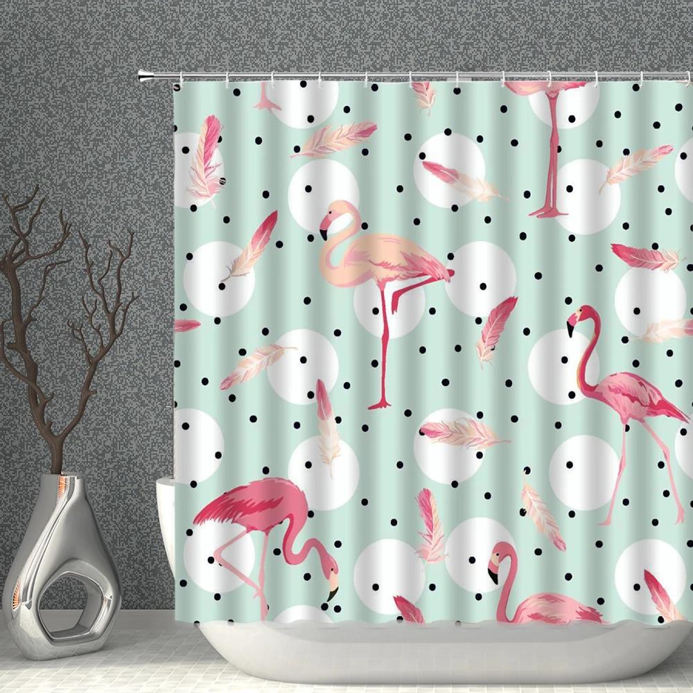 Pink Flamingo Shower Curtain Waterproof Fabric Black Background Tropical Plant Flamingos Print Bathroom Curtains Set Bath Screen