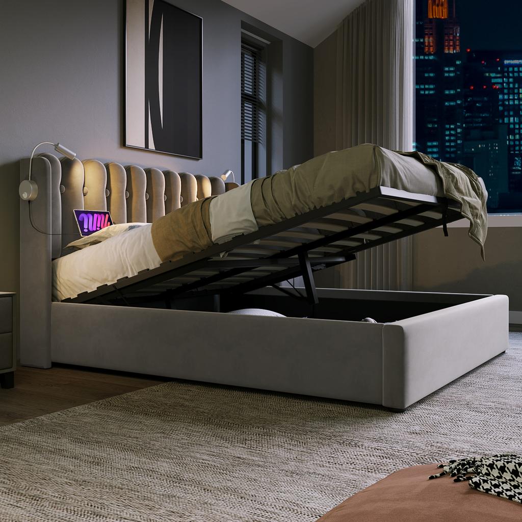 Upholstered Bed Reading Light with Charging Function Headboard Storage Bed Frame Velvet Youth Bed 160x200 with Slatted Frame, Grey (Without Mattress)