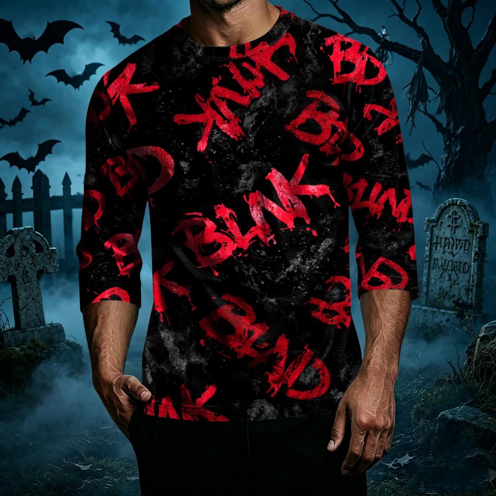 Men Casual Halloween Printed Crew Neck Three Quarter Sleeve T Shirt Comfortable Fit Soft Fabric Novelty Top for Holiday