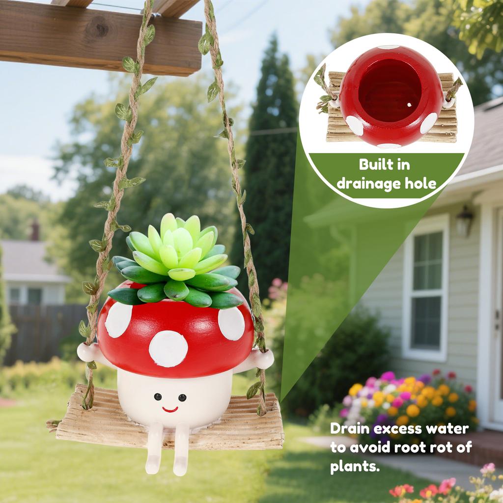 Resin Hanging Planter Pot Cartoon Swing Mushroom Flower Container Succulent Plant Holder for Outdoor Garden Indoor Home Decor