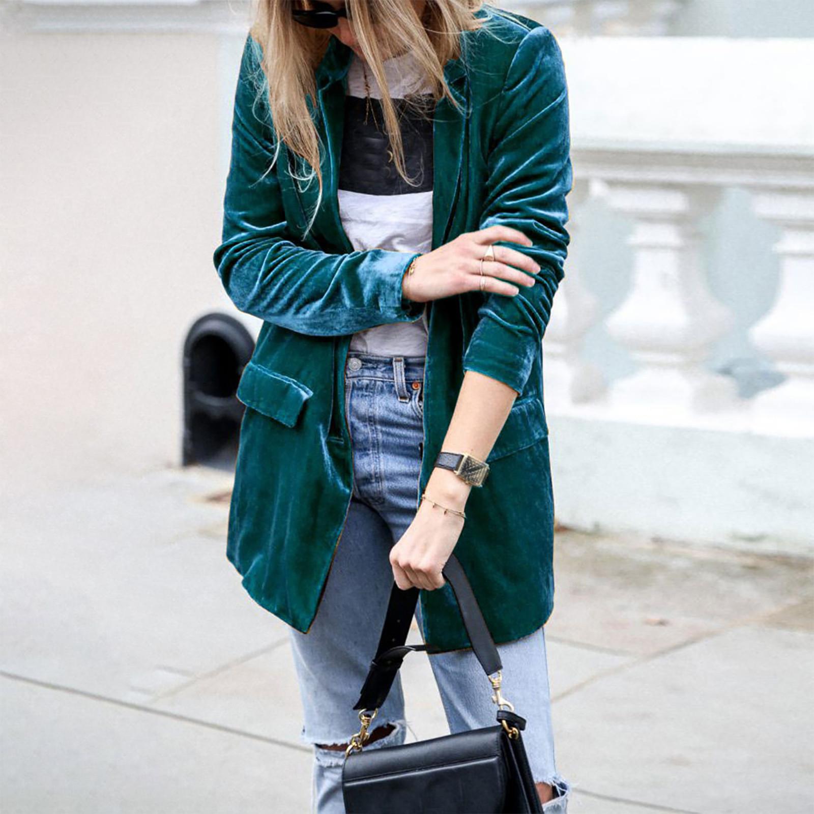 

Женская мода с длинным рукавом золотого бархата сплошной повседневный свободный кардиган пальто XXL синий