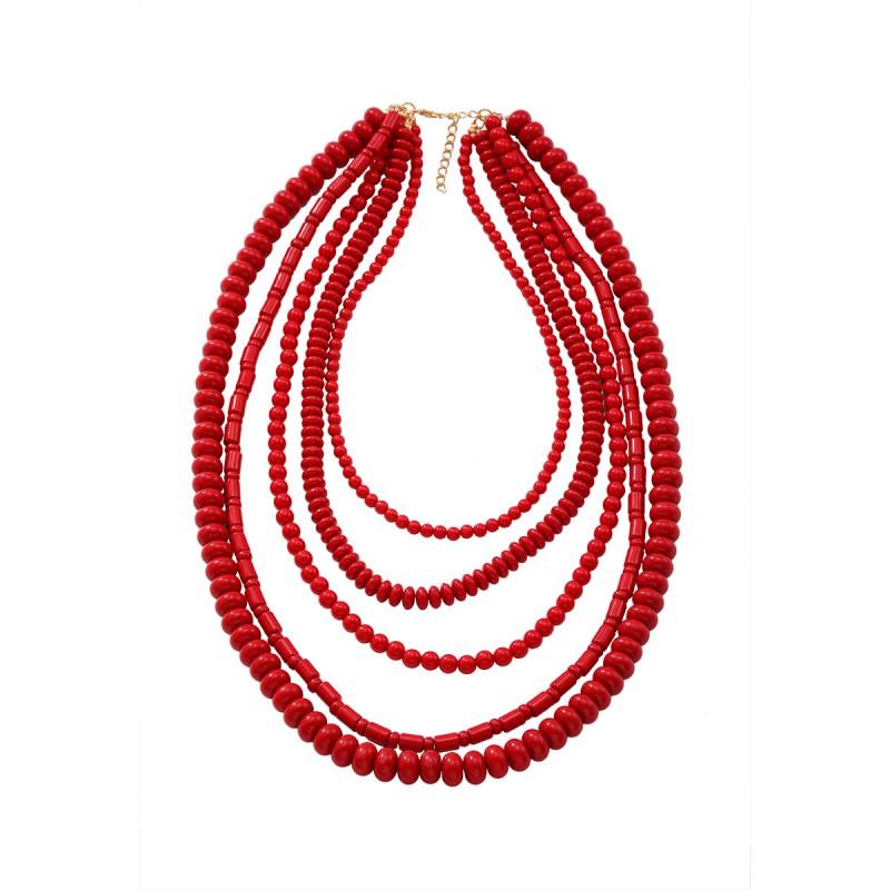 Handmade Red Beaded Layered Necklace Women Boho Chic Statement Jewelry With Geometric Design 81cm Length Red