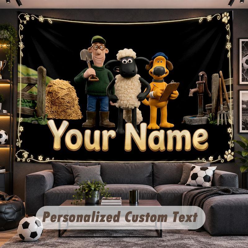 Wall Hanging Tapestry Custom NameShaun the Sheep Pattern Personalized Printed Fabric Wall Decor