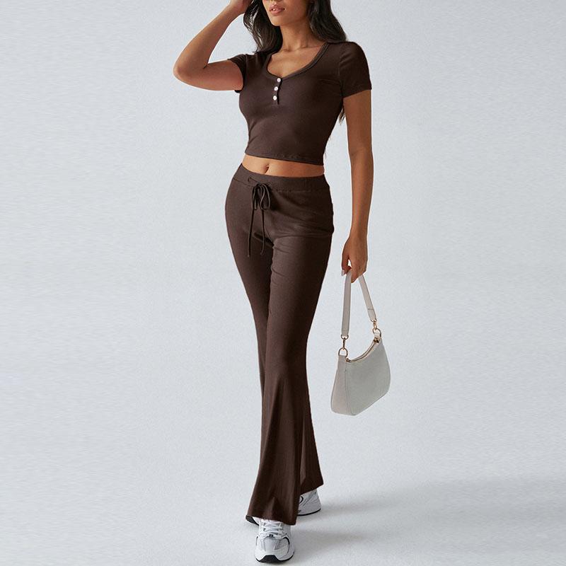 

Повседневные топы с коротким рукавом, длинные брюки, комплекты из 2 предметов, женская однотонная укороченная рубашка на пуговицах, прямые брюки на шнурке, летние наряды XL кофейный