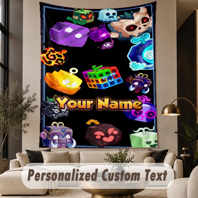 Benutzerdefinierter Text Gedruckter Wandteppich Blox Fruits Muster Großes Wandbehang Indoor Raumdekor