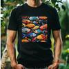 Multicolored Fish Mosaic T Shirt Animal Print Playful Design Art Painting Casual Idea Vintage Washed Unisex Soft Stylish