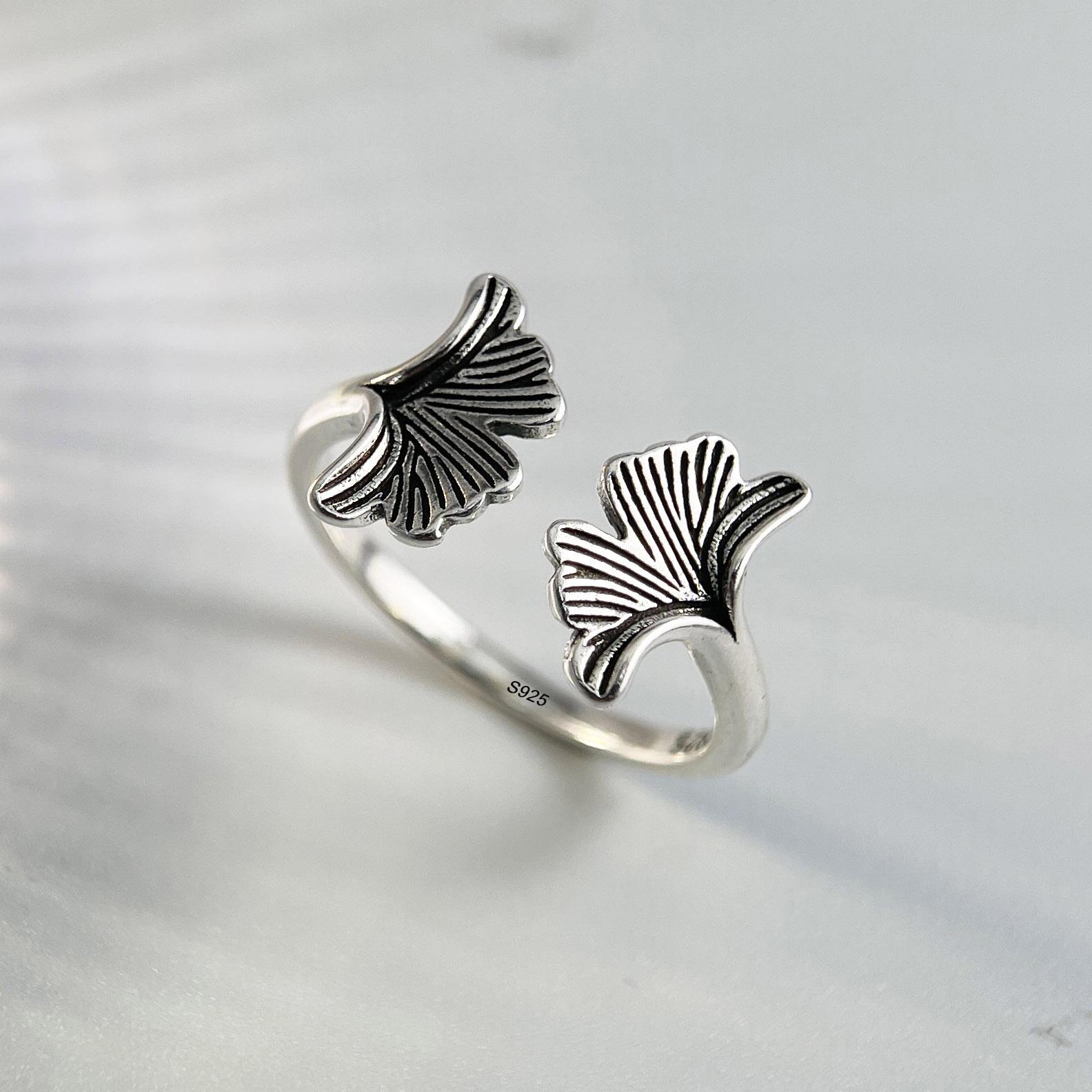 

925 Sterling Silver Rings for Women Couple Minimalist Handmade Simple Ginkgo Leaf Ring Fine Jewelry Gift Prevent Allergy resizable