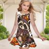 Girls Round Neck Sleeveless A Line Flared Hem Dress Halloween Raccoon Pumpkin Printed