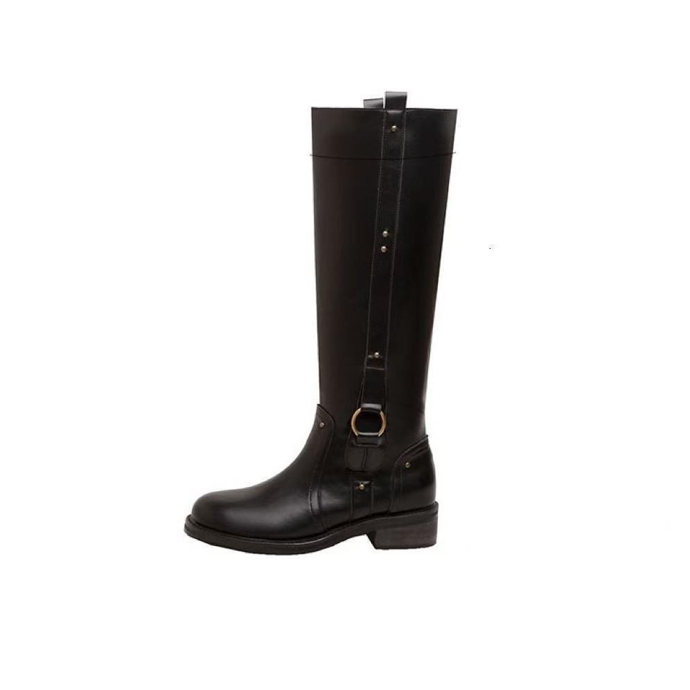 

Sheepskin version · Textured all-leather boots Round head medium heel thick heel but knee British style knight boots 40