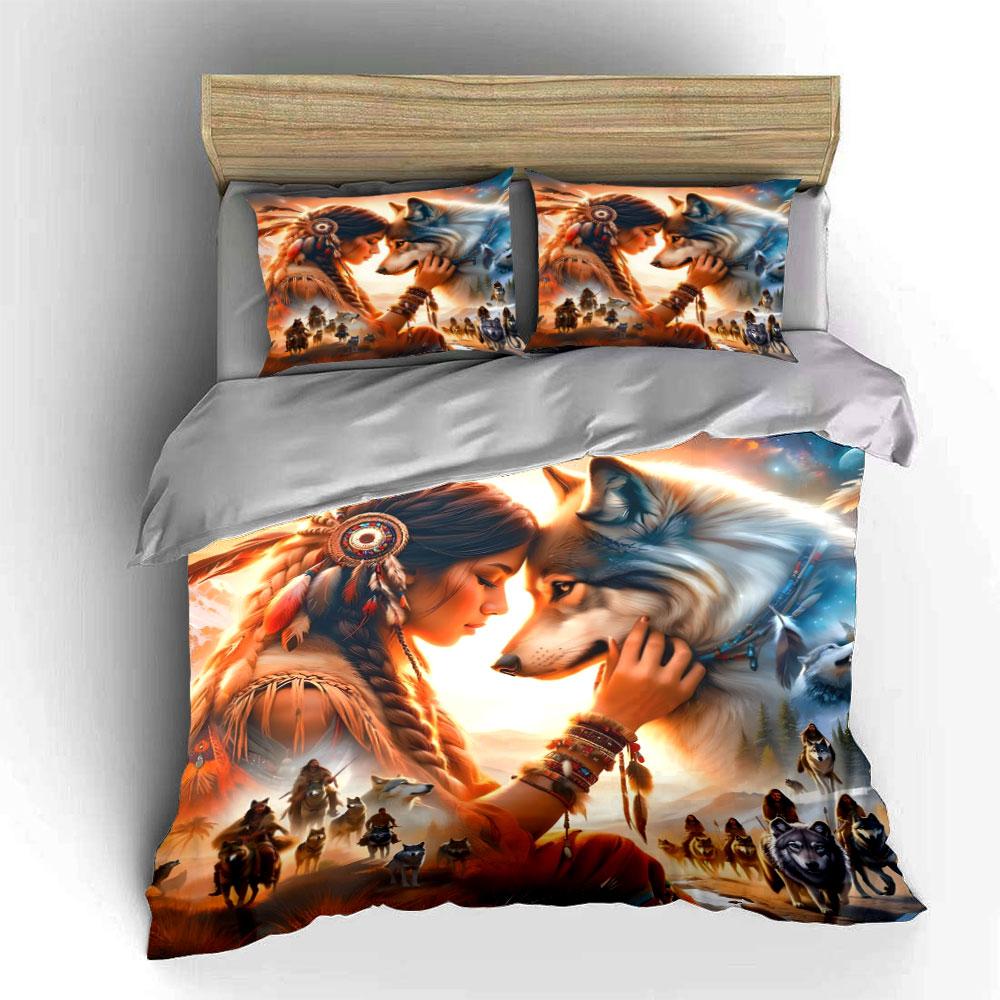 Tribal Wolf Spirit Decor Set Multiple Sizes Kid'S And Adults' Bedroom Exquisite 3Pc Bedding Set, Gift