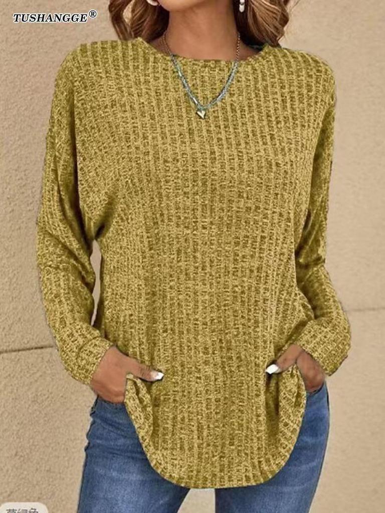 Maglione a Maglia Autunno Europeo 2025 - Girocollo, Costine, Manica Lunga, T-shirt Vestibilità Larga