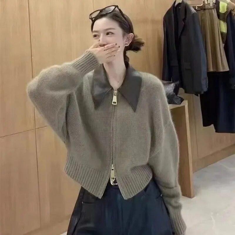 Polo Leather Collar Double Zipper Cardigan Women's Knit Short Coat  Long Sleeve Sweater Slim Retro Style Fashion Autumn Winter