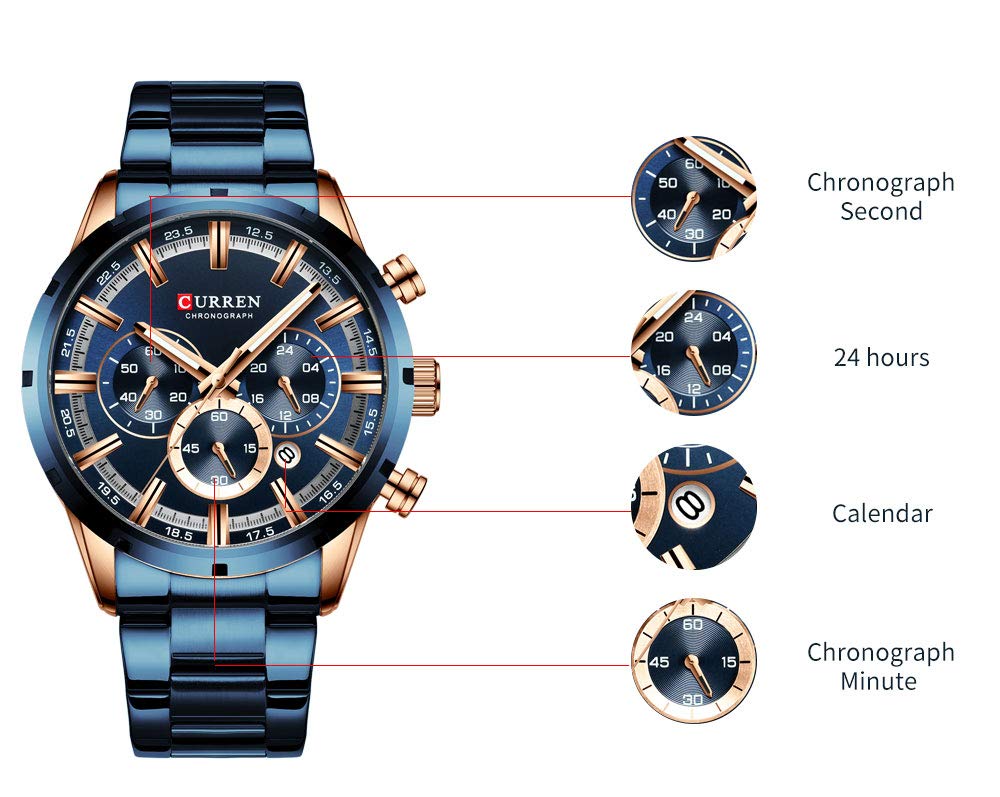 CURREN Men's Sport Quartz Chronograph Watch with Luminous Hands, Stainless Steel, and Date Display