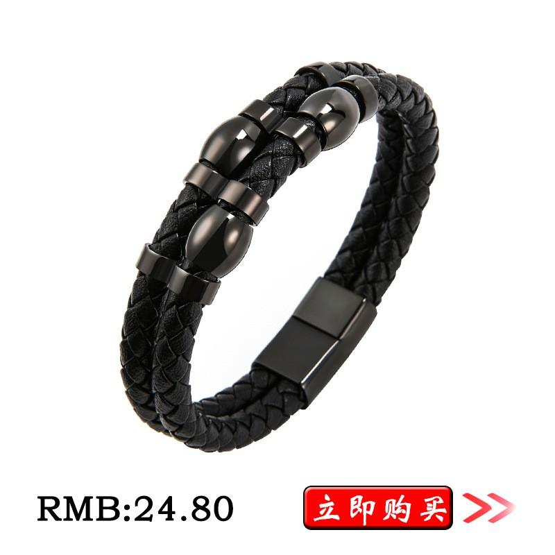 Stainless Steel Dragon Head Double Clasp Bracelet Men Hip Hop Style Braided Leather Band