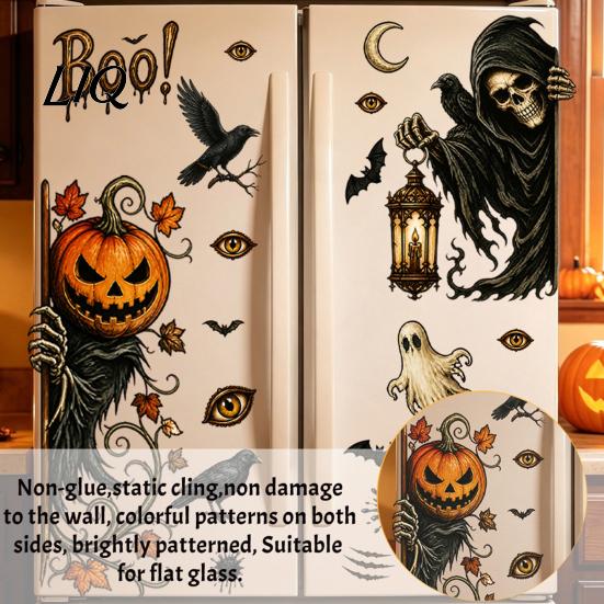 Nightmare Theme Room Decor 6Pcs Halloween Window Stickers, Ghost Pumpkin Grim Reaper Wall Decals, Large Decorative Scene Murals Self-Adhesive