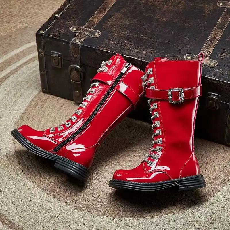Autumn/Winter New Girls' High Barrel Boots Fashionable Diamond Shoe Buckles Trendy Leather Boots Children's Show Long Boots
