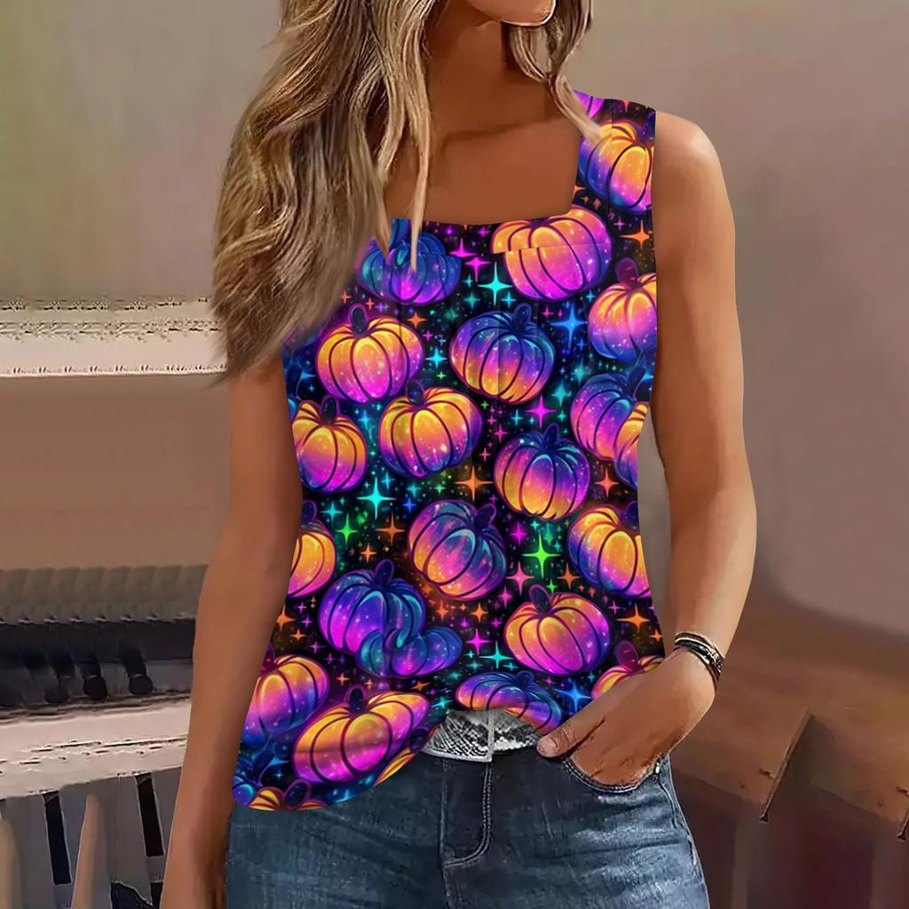 Women Sleeveless Tank Top Square Neck Ruffle Detail Halloween Print Casual Summer Vest Shirt for Daily Wear