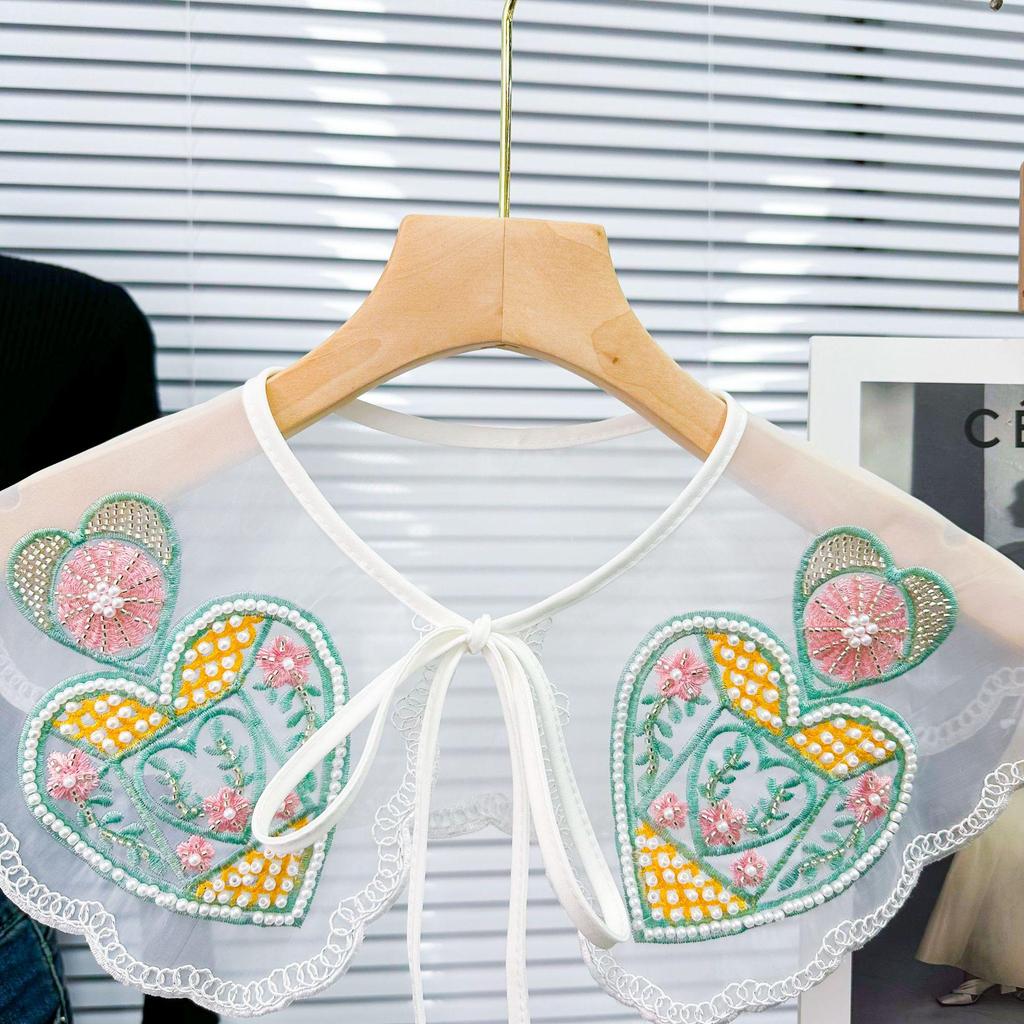 Colorful Embroidered Beaded Bow Tie False Collar - Ethnic Style Floral Design