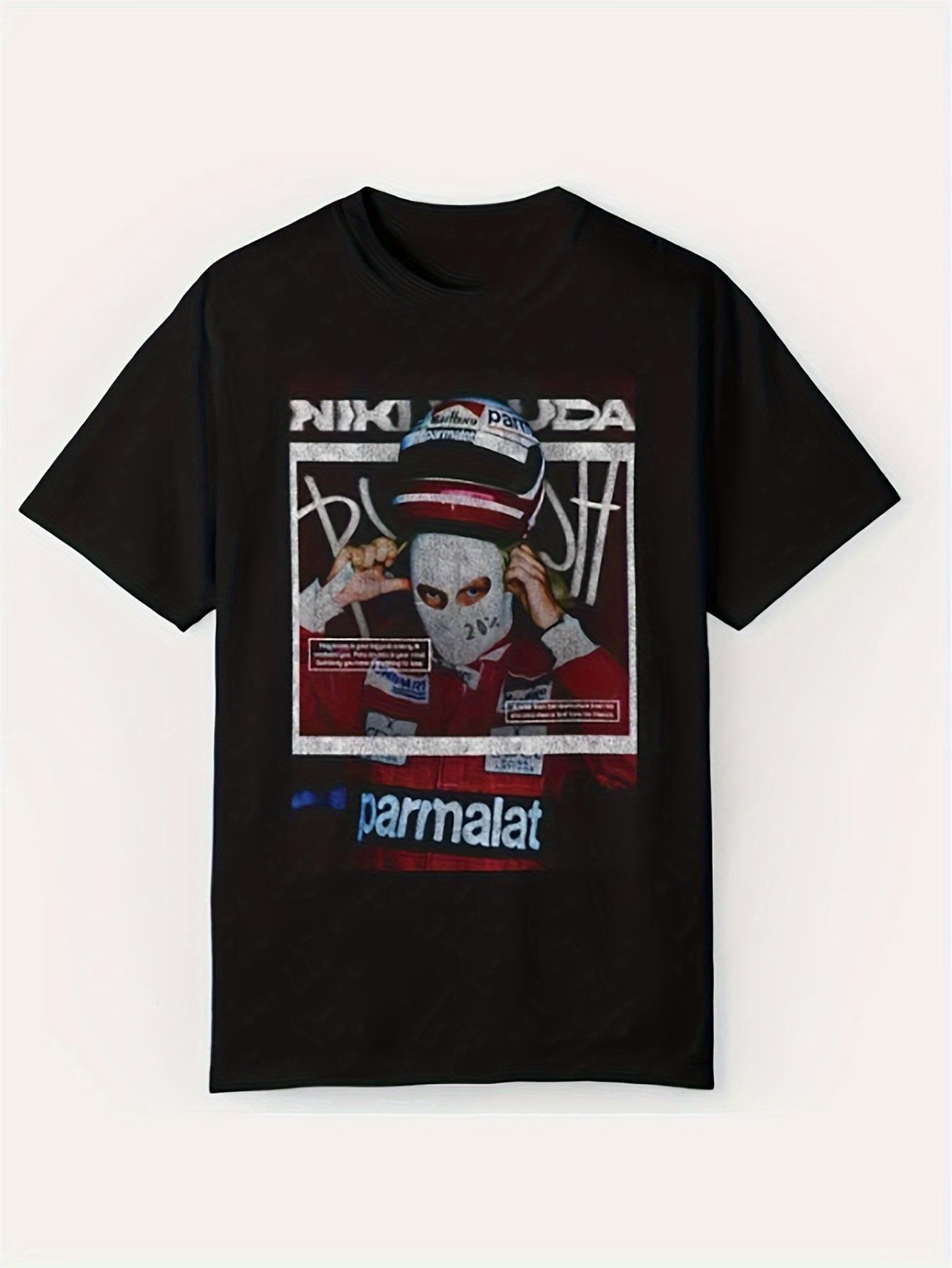 New  Niki Lauda Racing Graphic T-Shirt- Crew Neck T-Shirt featuring a vibrant graffiti-style print. Short-sleeved casual racing apparel S
