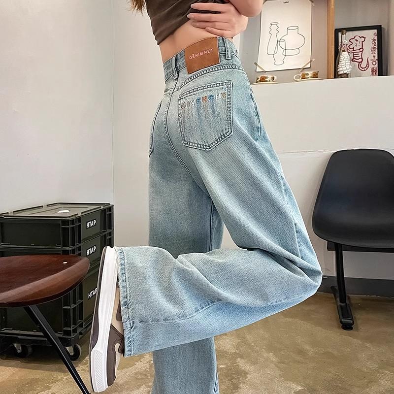 Hellblaue Weitbeinjeans für Damen im Sommer Dünn Neu Bestickt Hochtailliert Kleine Schmale Version Straight-Leg Hose