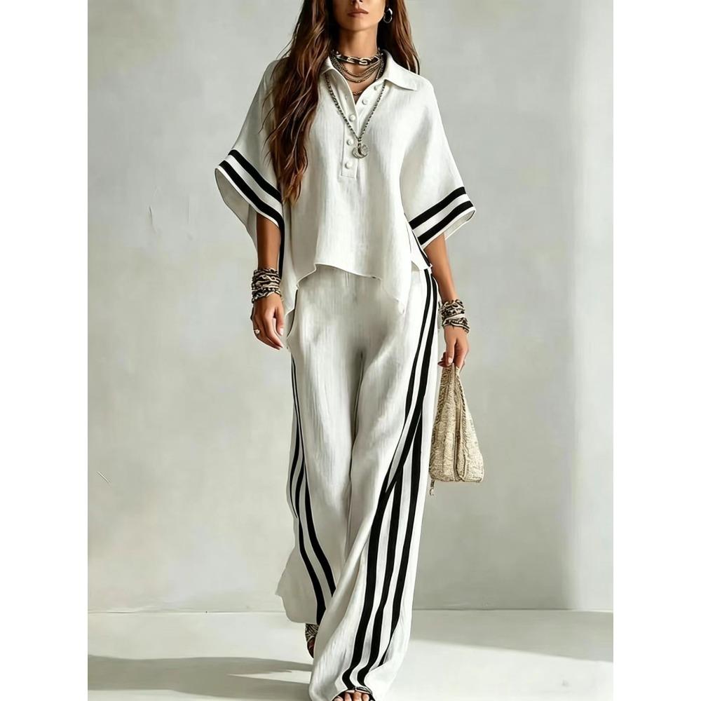 Women's Color Block Striped Dolman Sleeve Polo Shirt & Wide Leg Pants 2 Piece Set