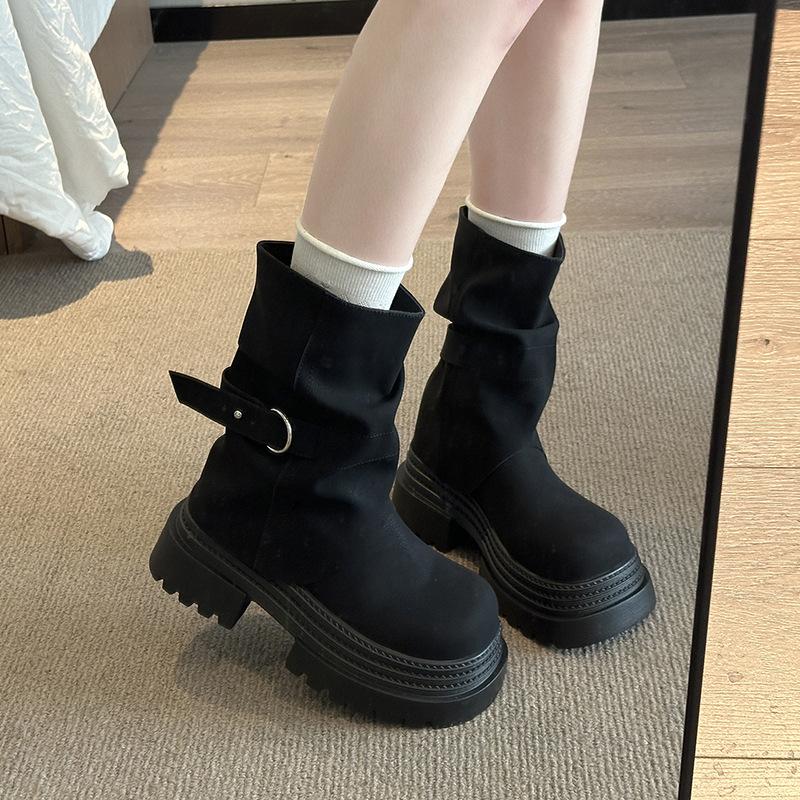 Retro platform knight boots women's foreign style outer wear 2025 autumn new Korean version one-pedal round head platform short boots