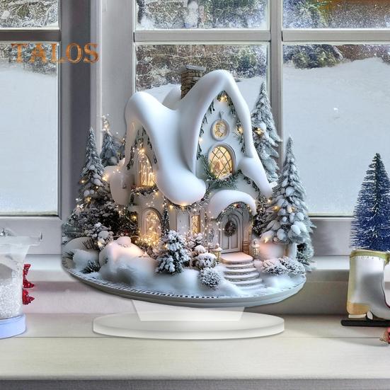 Christmas Acrylic Desktop Ornament Flat Snowy Cabin Ornament with Base Christmas Village Log Cabin Ornament for Holiday Table Decor