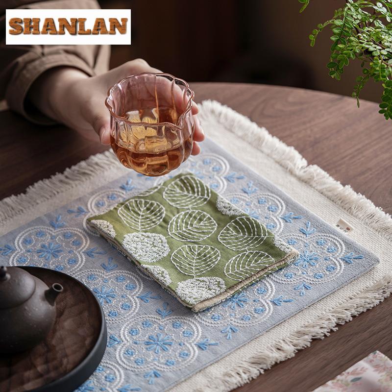 Brocade Flowers Tea Towel Antique Tea Cup Pad Dish Towels For Kitchen Tea Napkins Household Tea Cloth Drinkware Accessories Gift