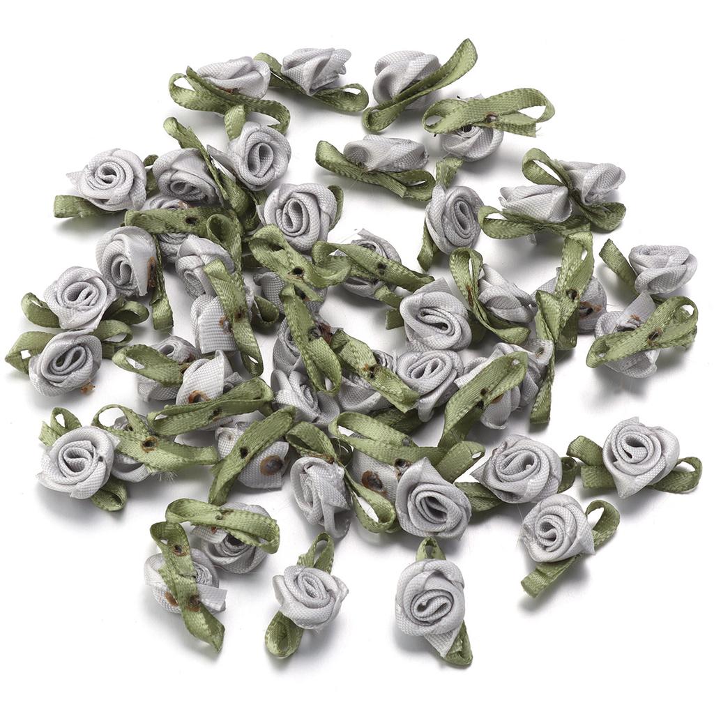 50 peças 1,5x2,5cm Mini Flor de Rosa Fita de Cetim de Poliéster Rosetas Apliques de Tecido Para Casamento Festa Roupa Costura Decoração