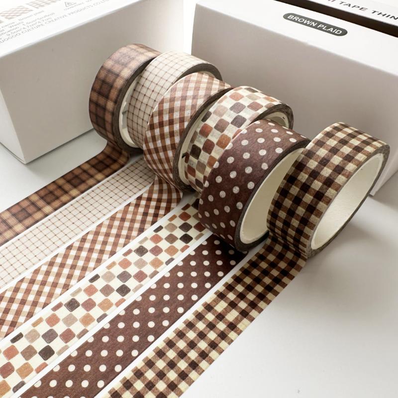 Plaid Tape Set, 6 Rolls Aesthetic Grid & Polka Dot Decorative Tapes For Journal Scrapbooking Diy Crafts & Planner