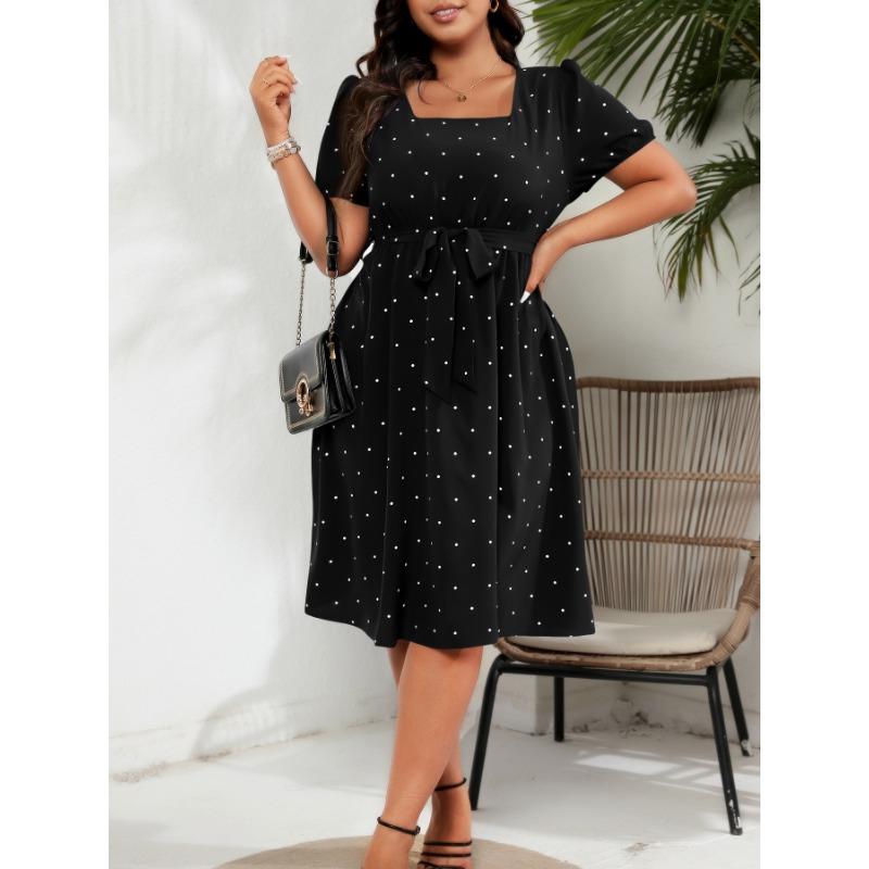 Summer Large Size Retro Polka Dot Dress Women Elegant Slim Waist Cinched Lace Up Square Neck Party Dress Fashion Elegant Sweet Casual Holiday Dresses