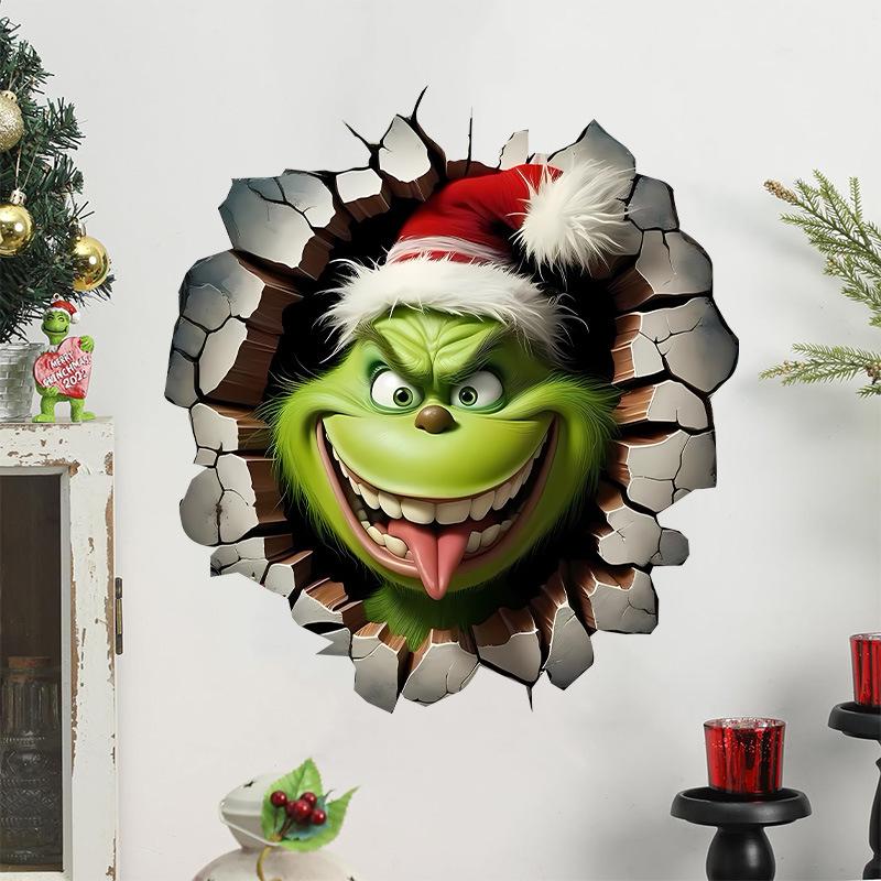 Christmas broken wall living room wall decoration home sticker self-adhesive Grinch cartoon green hair monster window sticker