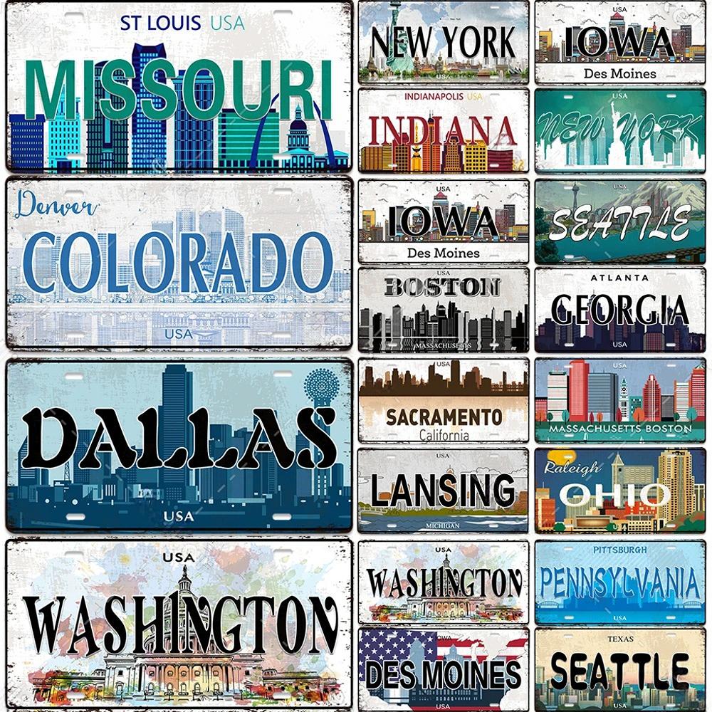 Vintage Country Metal Signs Posters Licenses Plate Decor for Living Room Colorado Lansing Nevada Ohio Washington Plaque