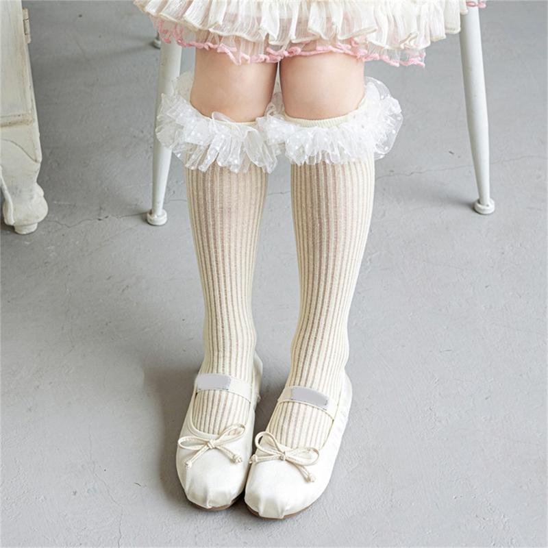 Sweet Style Mesh Dress Socks with Decorative Edge Accent for Toddler Girls Formal Event Under Knee Length Stockings