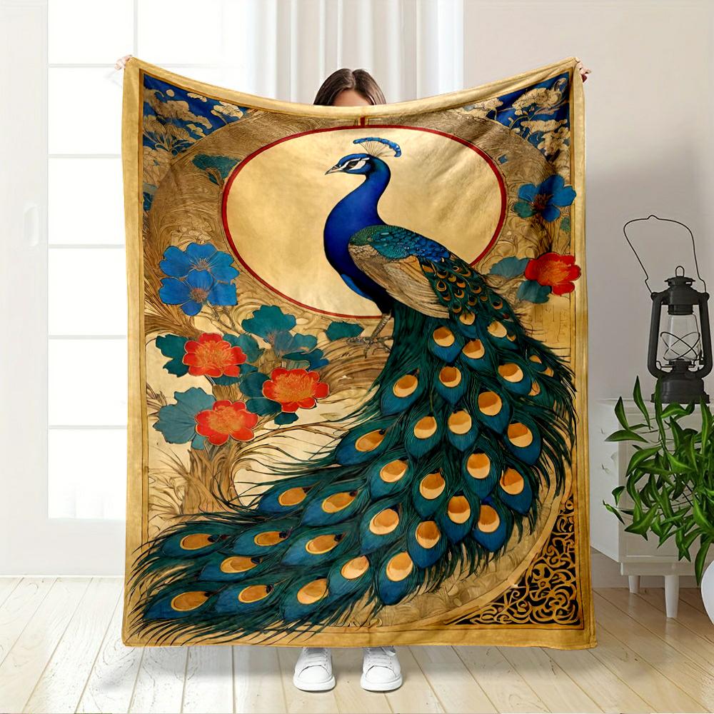 Elegant Peacock with Floral Art Flannel Blanket for Bedroom Living Room Sofa and Nap