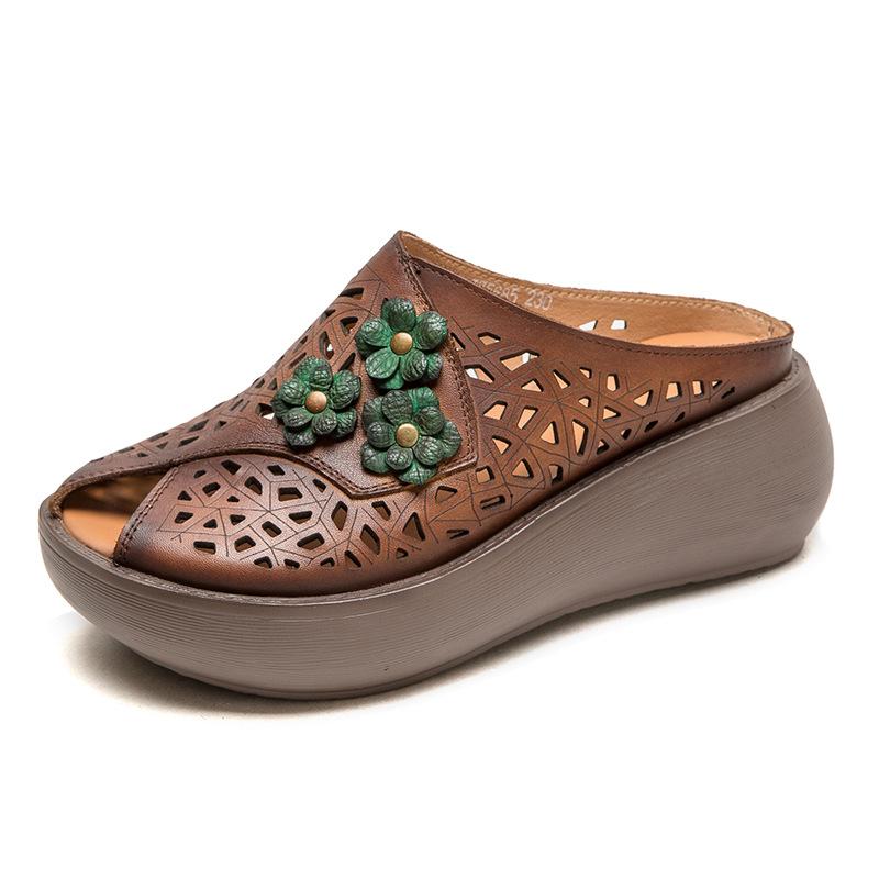 Fashion GKTINOO 2025 Summer Shoes Female Slippers Peep Toe Hollow Out Handmade Genuine Leather Women Platform Wedges Slides