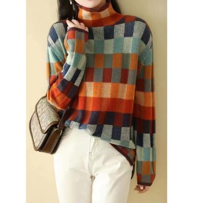 Sweaters Women’s Colorful Checkerboard Knit Sweater Autumn Winter High Neck Fashion Casual Wear Checkered Sweater Women