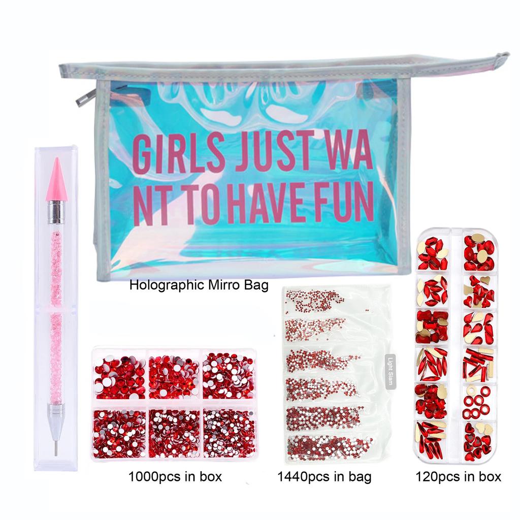 Sada kamínků bez fixace/křišťálové sklo Hotfix kamínky v zrcadlové foliové taštičce manikúrové pero Štrasové příslušenství pro zdobení nehtů