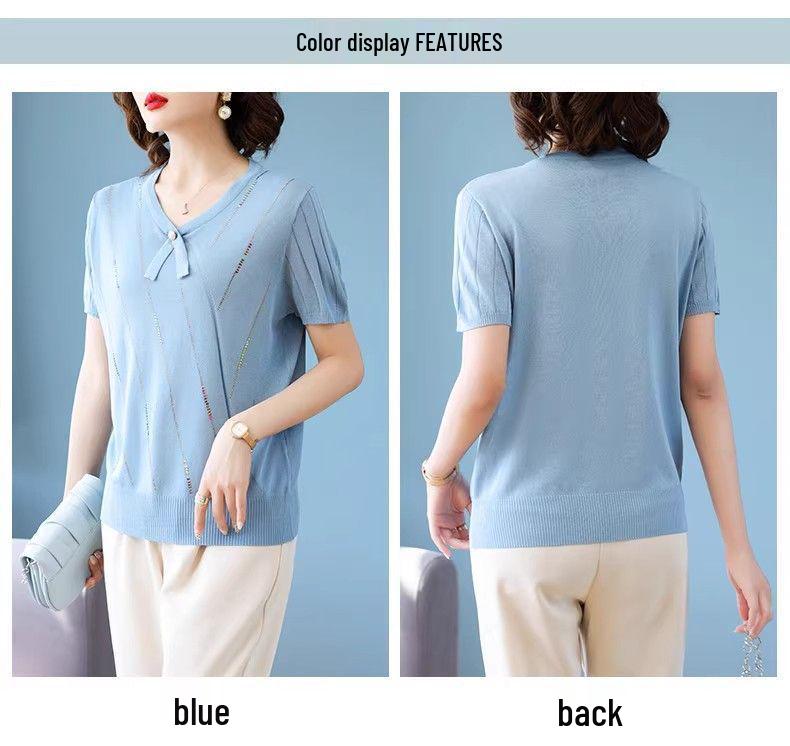 2026 Stylish Ice Silk Short-Sleeve Top for Mom: Lightweight Summer Wear for Middle-Aged & Elderly