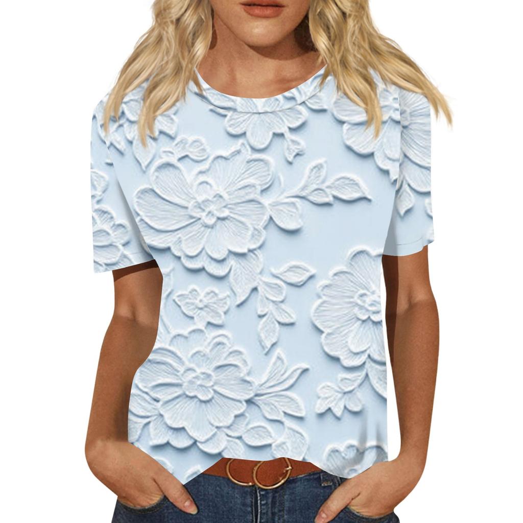Damen Freizeit 3D Blumendruck Freizeit Kurzarm T-Shirt Pullover Rundhals Kurzarm Oberteil
