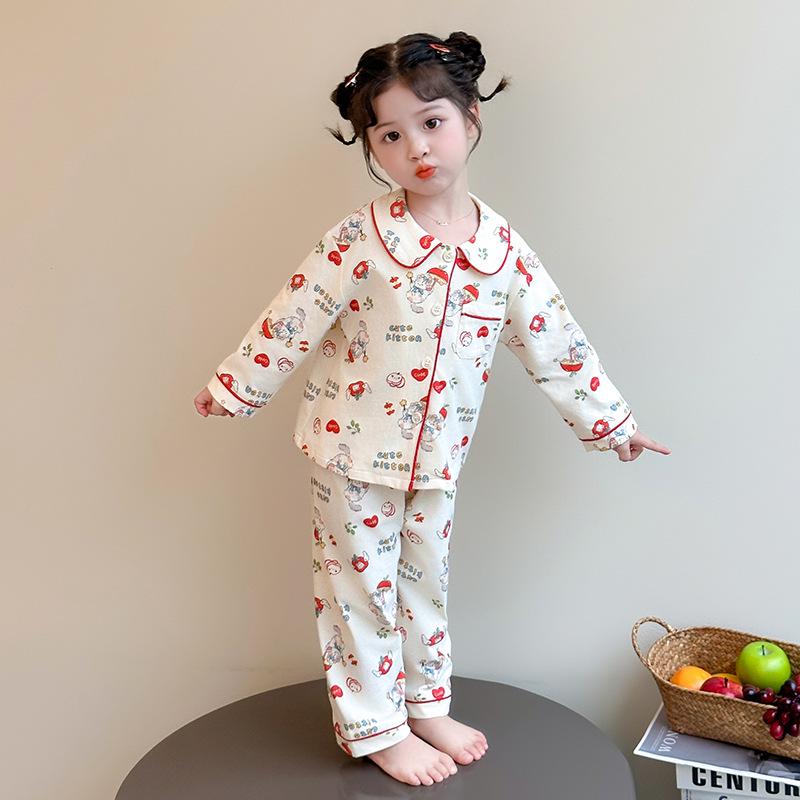

Милый пижамный комплект для девочек с яблоками, Весна/Осень 2025 - Чистый хлопок, Длинный рукав и брюки, Домашняя одежда с мультяшным дизайном 120 cm