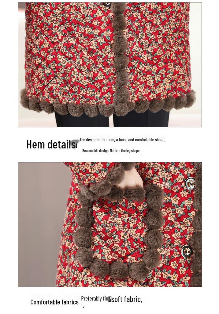 Floral Plaid Pom-Pom Long Cotton Padded Jacket for Middle-Aged and Elderly Women - Plus Size