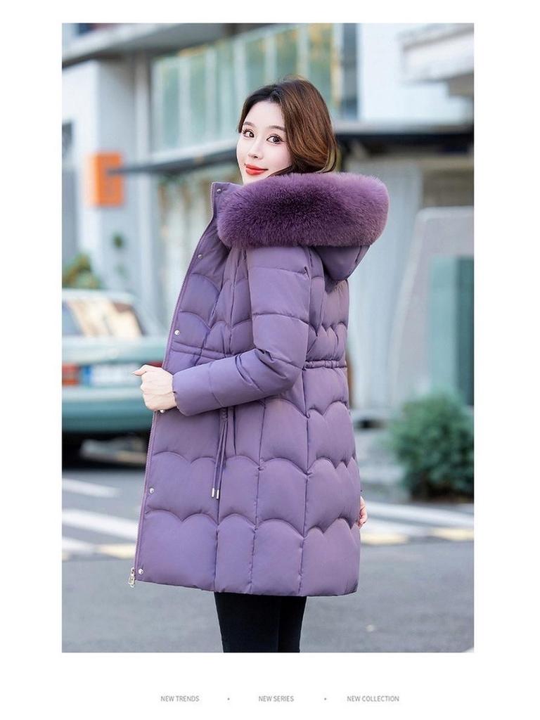 Women's Mid-Length Winter Fur Collar Hooded Cotton Jacket - Fashionable Slimming Warmth