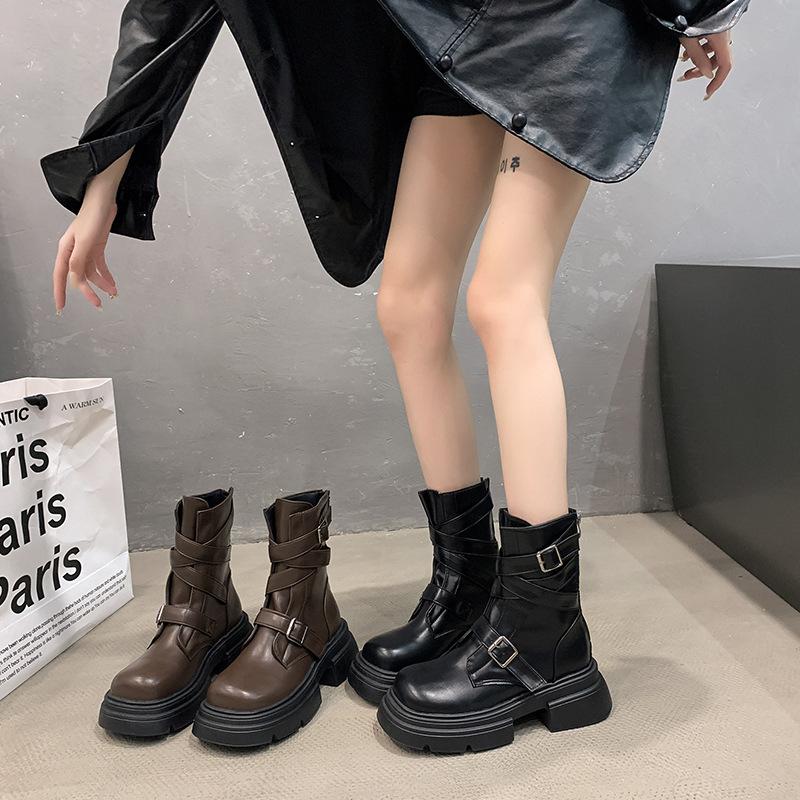 Fashion temperament brown thin British style platform Martin boots women's 2025 new autumn small thick heel short boots