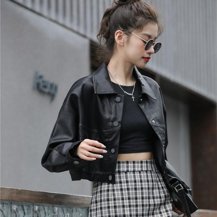 Módní volná dámská krátká bunda z umělé kůže - vintage kabát v korejském stylu