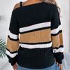 Women's Off Shoulder Sweater - Color Block Striped Bell Sleeve Pullover with Metal Buttons Fall Winter Casual Knitwear