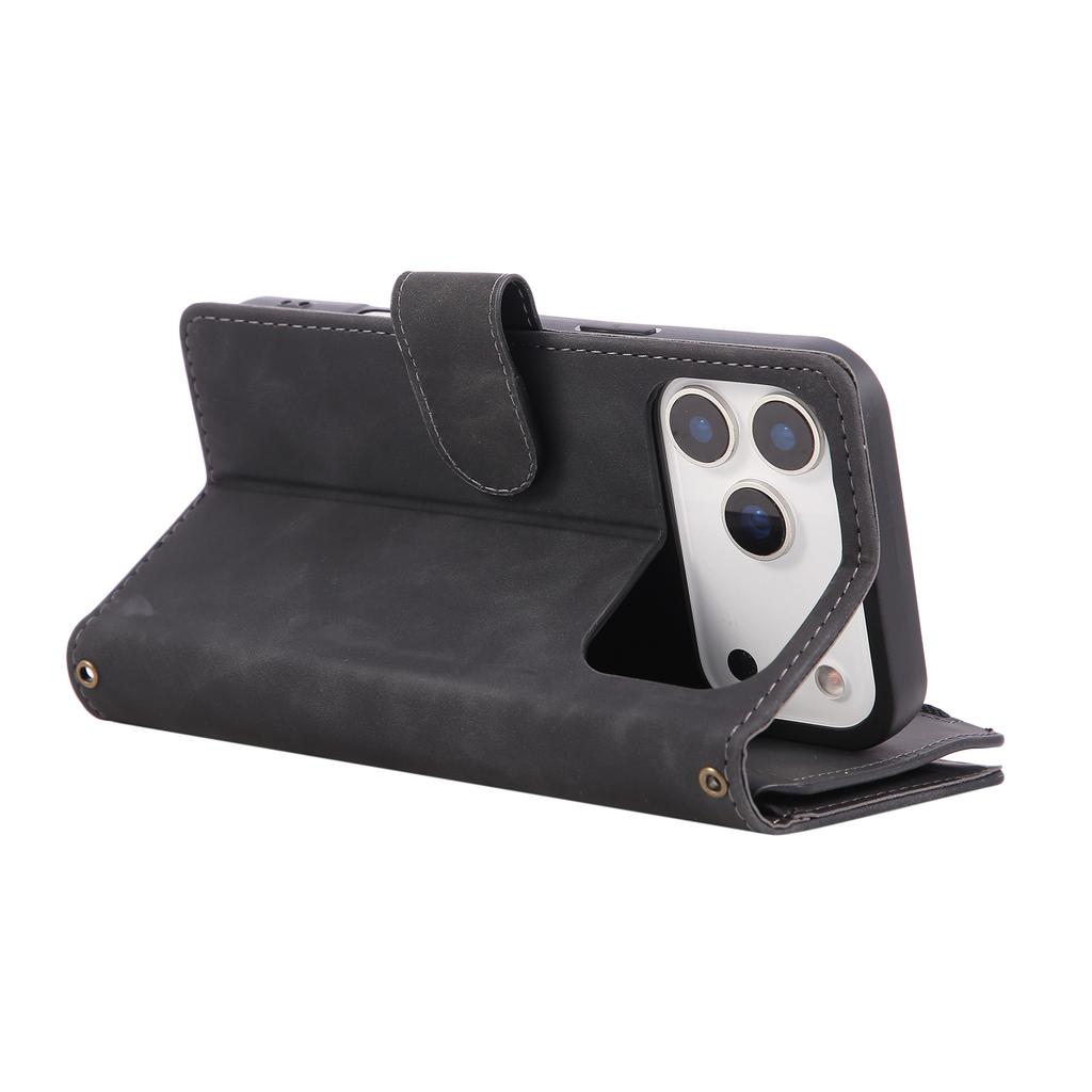 For iPhone 17 Pro Case Zipper Wallet Multiple Card Slots Leather Phone Cover with Wrist Strap