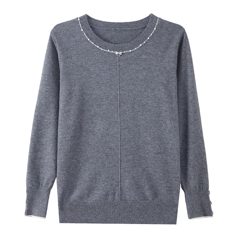 Elegant Round Neck Long Sleeve Knitwear for Middle-Aged Women – Plus Size Spring & Autumn Sweater