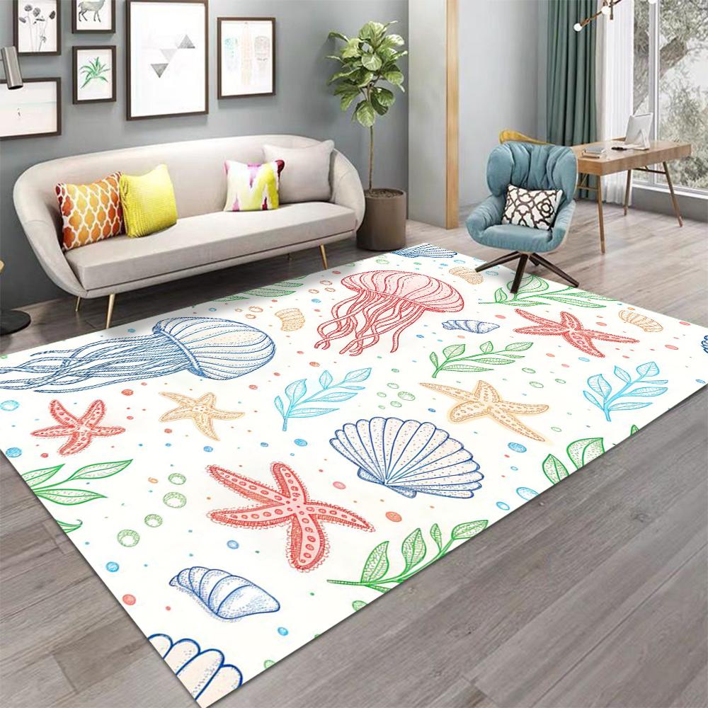 Cartoon Sea Shells Sea Stars Dolphins Carpet for Living Room Decor Sofa Rug Children's Play Mat Bedroom Bedside Rug Nursery Mat